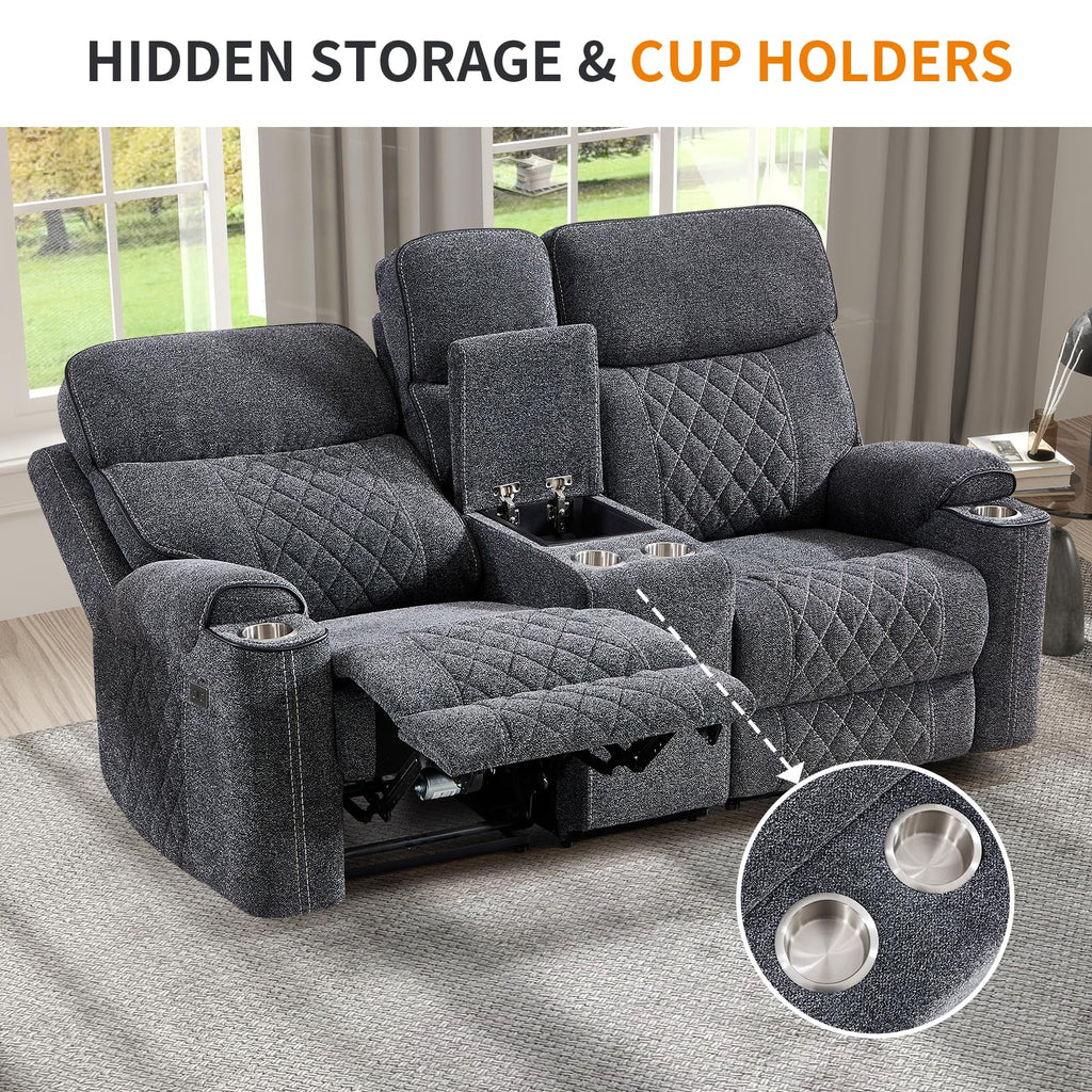 Power Reclining Sofa Set, Fabric Electric Recliner Loveseat and 3 Seater Sofa Couch with Cup Holders, USB Type-C