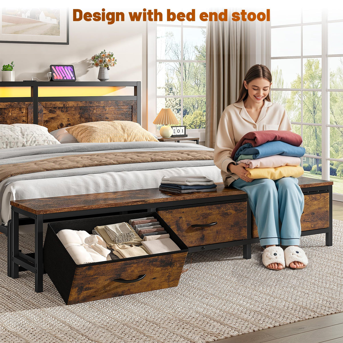Bed Frame with Ottoman & Charging Station, Rustic Brown
