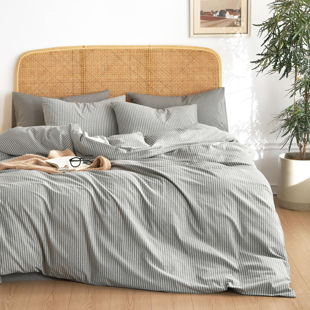Striped Cotton Duvet Cover Set, Grey