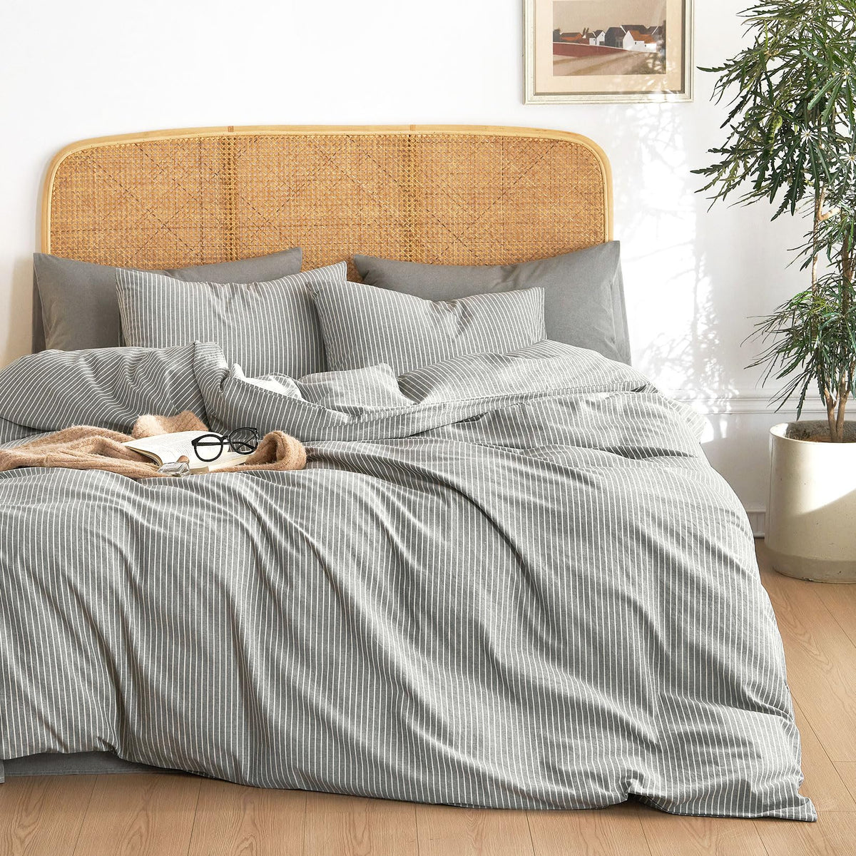 Striped Cotton Duvet Cover Set, Grey