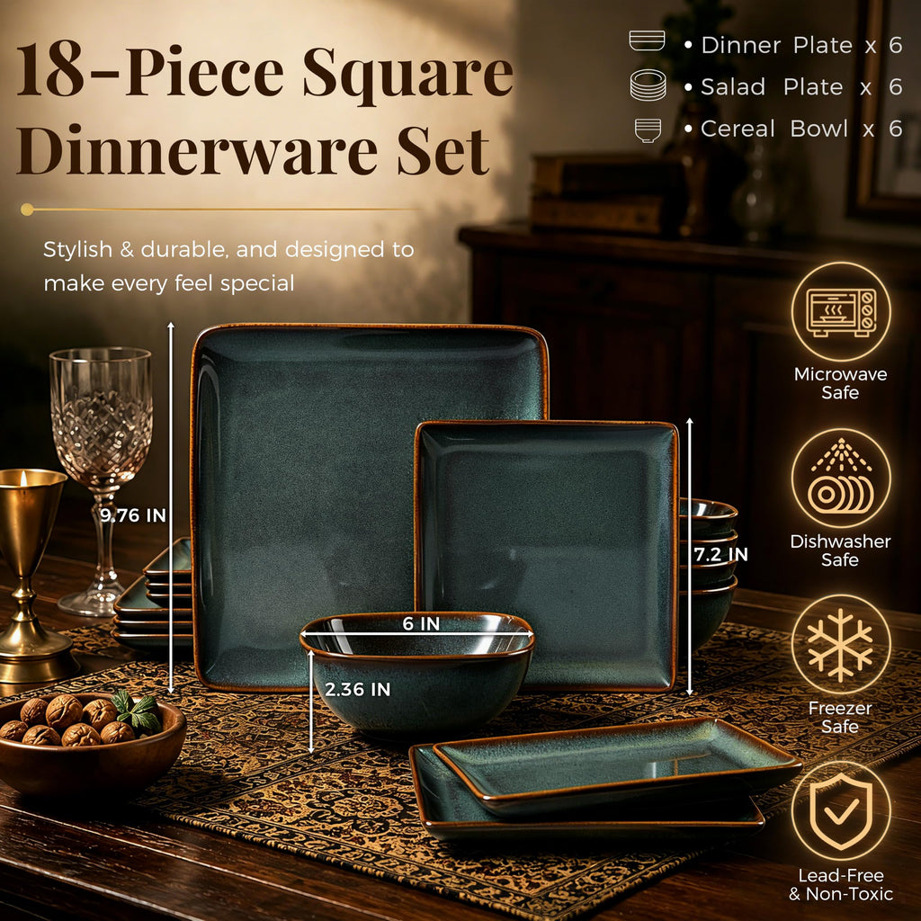 18-Piece Square Stoneware Dinnerware Sets for 6, Reactive Green Glaze