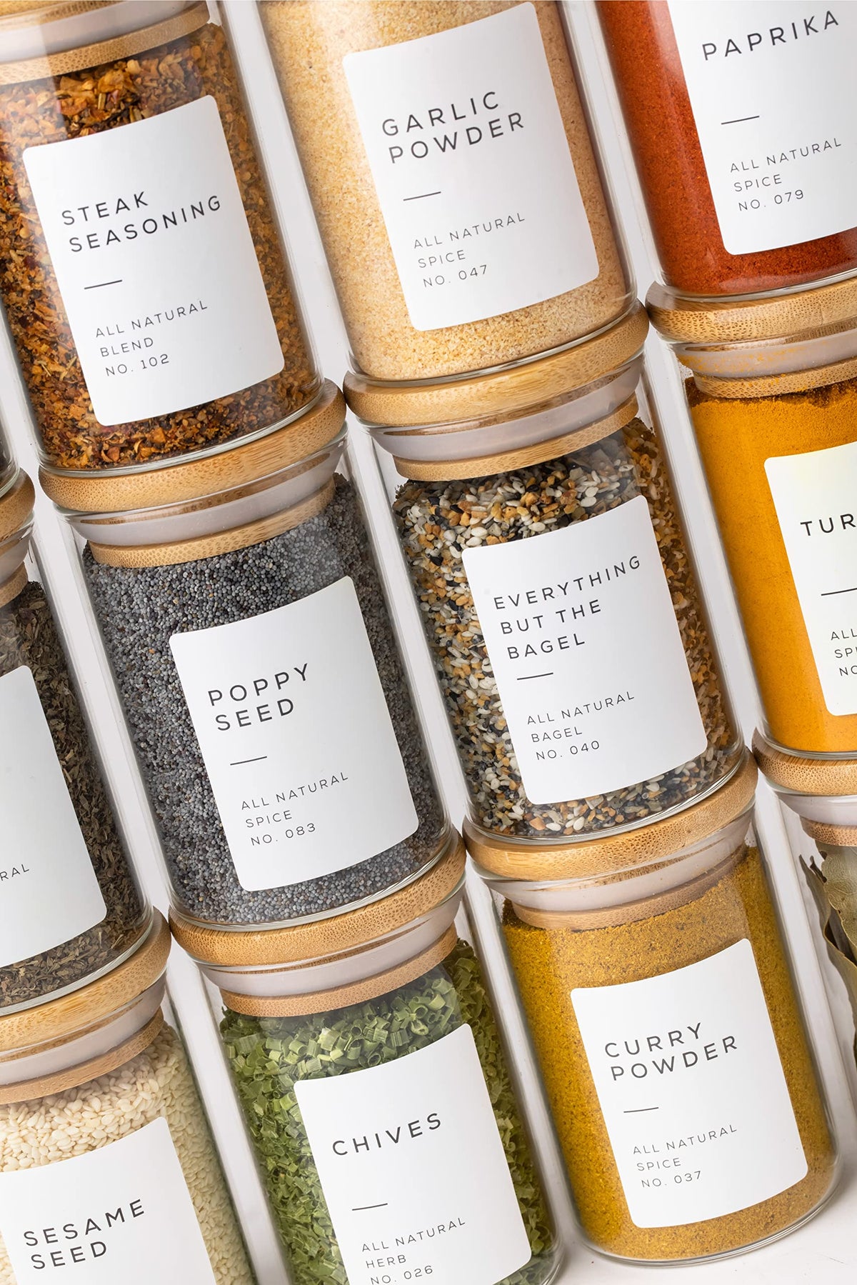 Glass Spice Jars with Label Pack (12x Bamboo Lid Glass Jar) Small 6oz Empty Spice Storage Bottles with 112 Printed