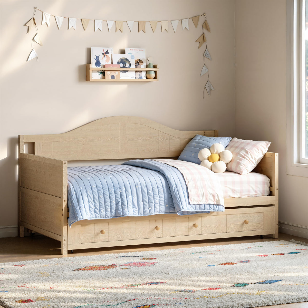 Twin Size Wood Daybed with Trundle, Mid-Century Modern Daybed with Curved Headboard, Twin Trundle Bed with Wood Slat