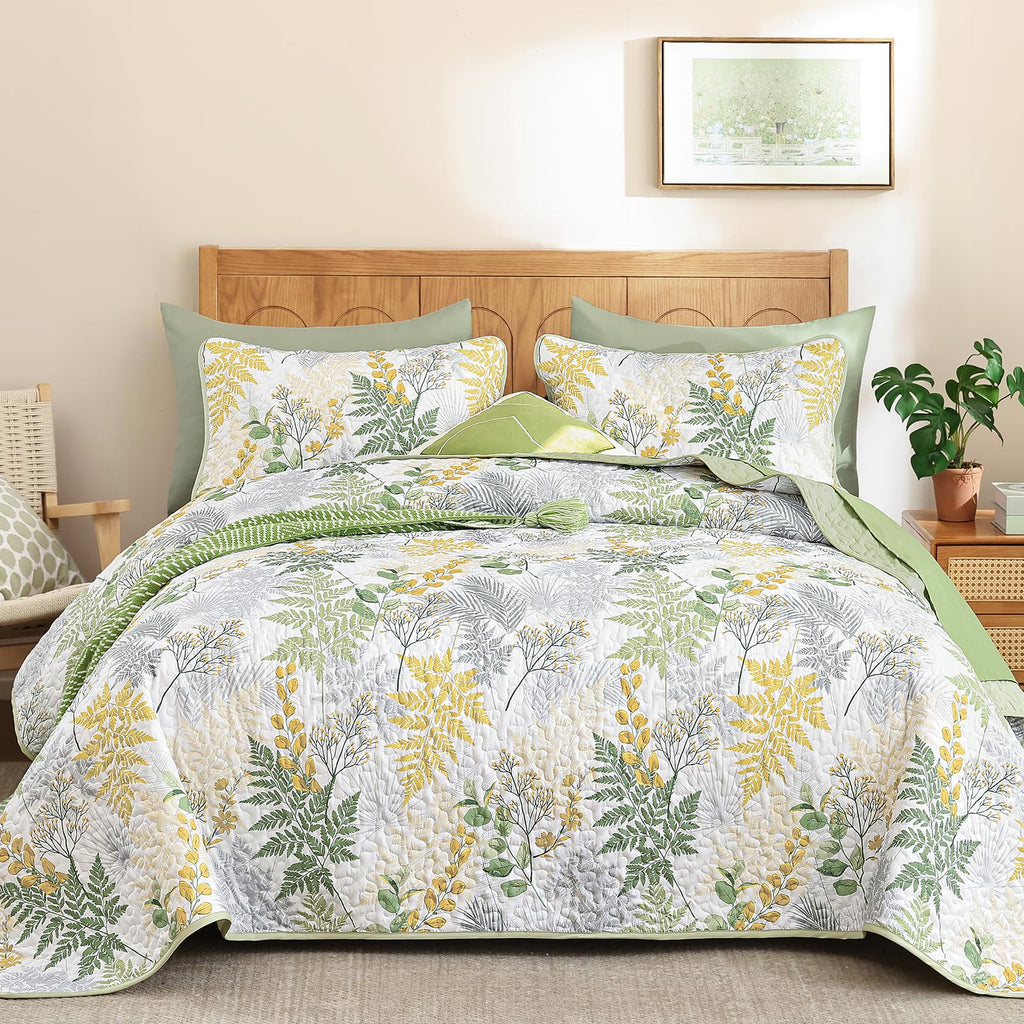 Quilt, 3 Pieces Sage Green Botanical Bedspread with Farmhouse Leaves Pattern, Soft Lightweight Microfiber