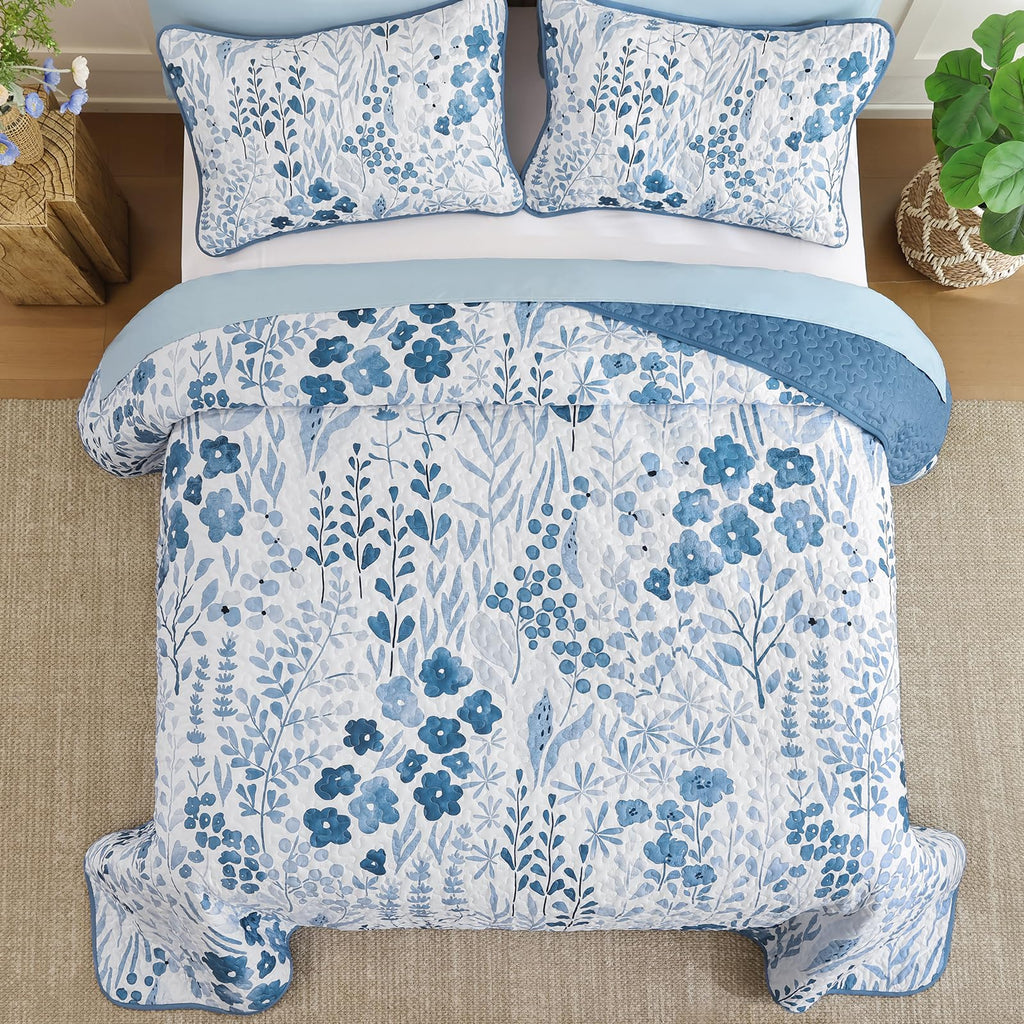Floral Quilt Set, 3 Pcs Navy Blue Bedspread Bedding Set