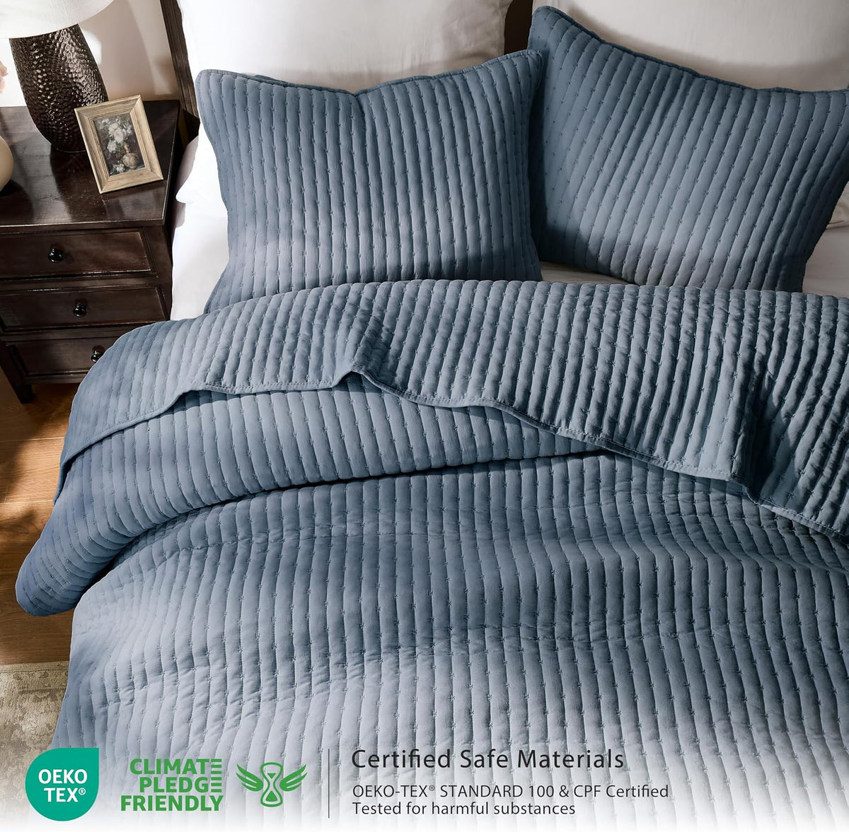 Blue Cross Stitch King Quilt Set, Striped Lightweight Soft Bedspread, Channel Farmhouse Rustic Coverlet, All Season