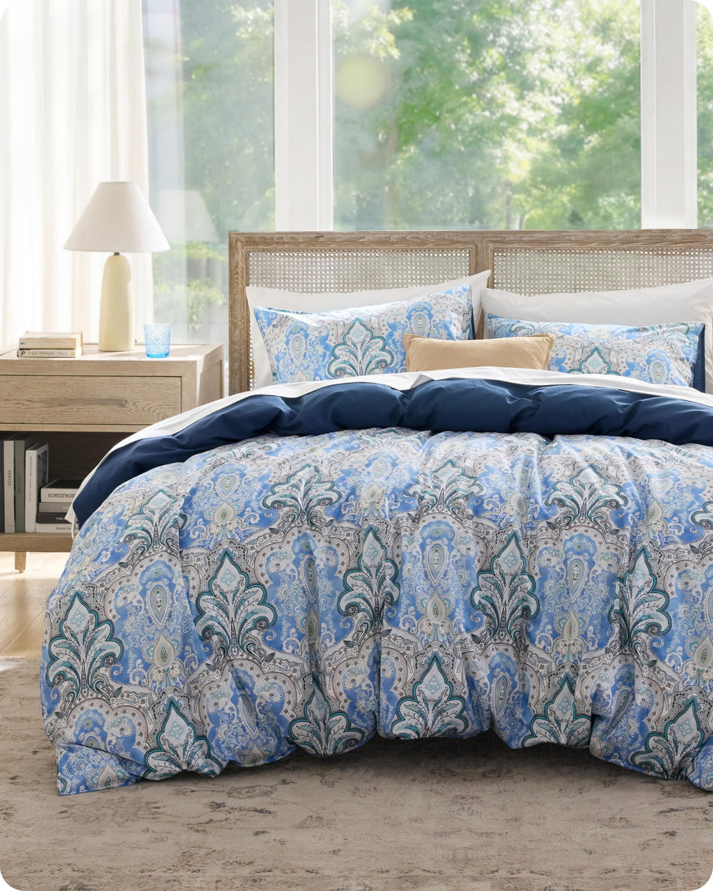 PureWoven 100% Cotton Floral Duvet Cover Set, King, Blue Paisley
