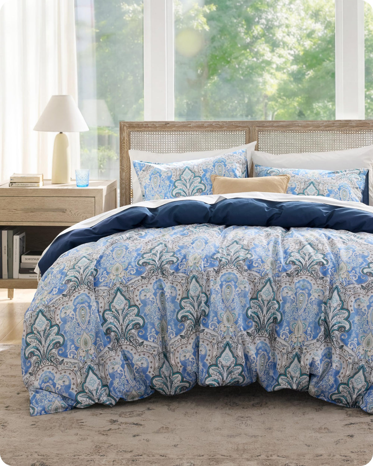 PureWoven 100% Cotton Floral Duvet Cover Set, King, Blue Paisley