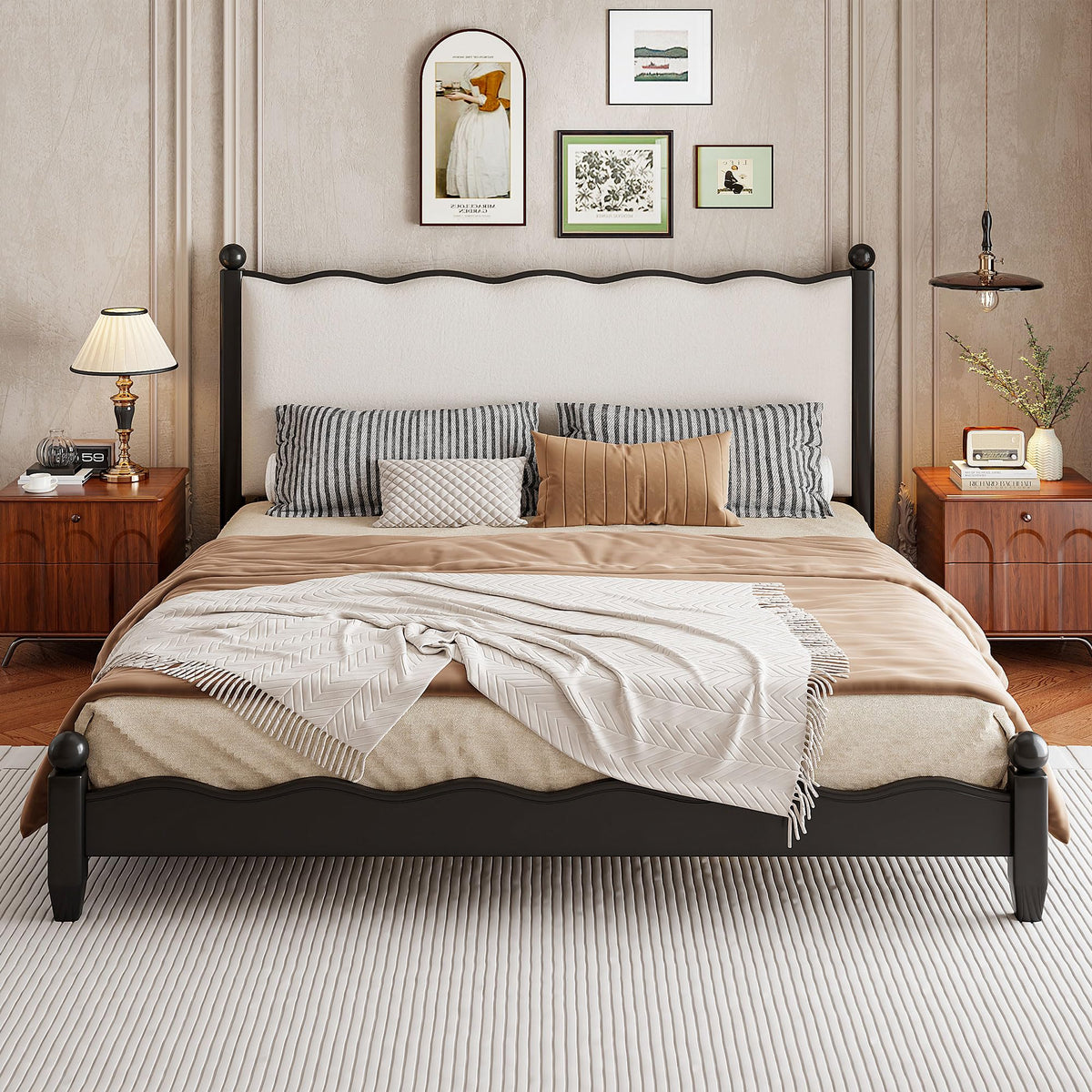 Modern Solid Wood Bed Frame with Upholstered Headboard, Queen Size Rustic Platform Frame with Sturdy Wood Legs/No Box