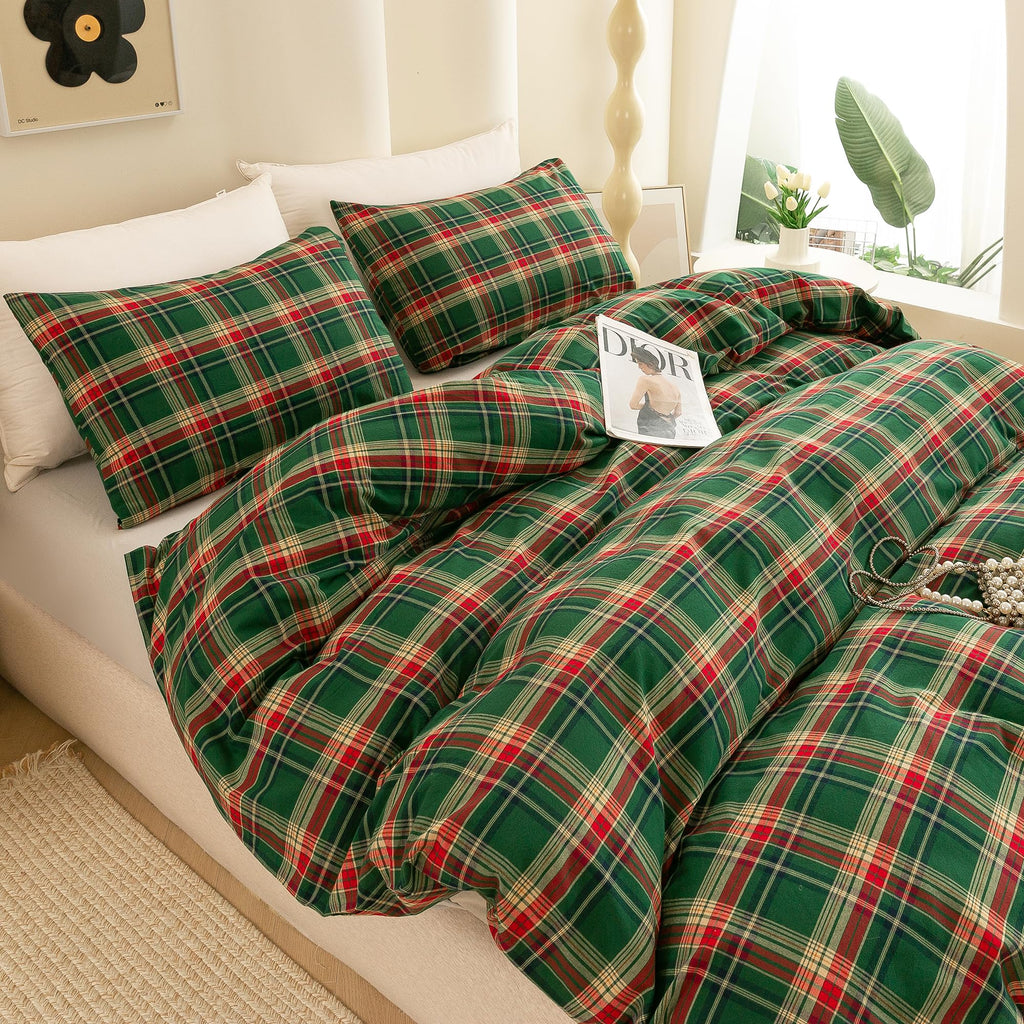 Cotton 3 Pcs Duvet Cover Set Linen Feel Buffalo Plaid King