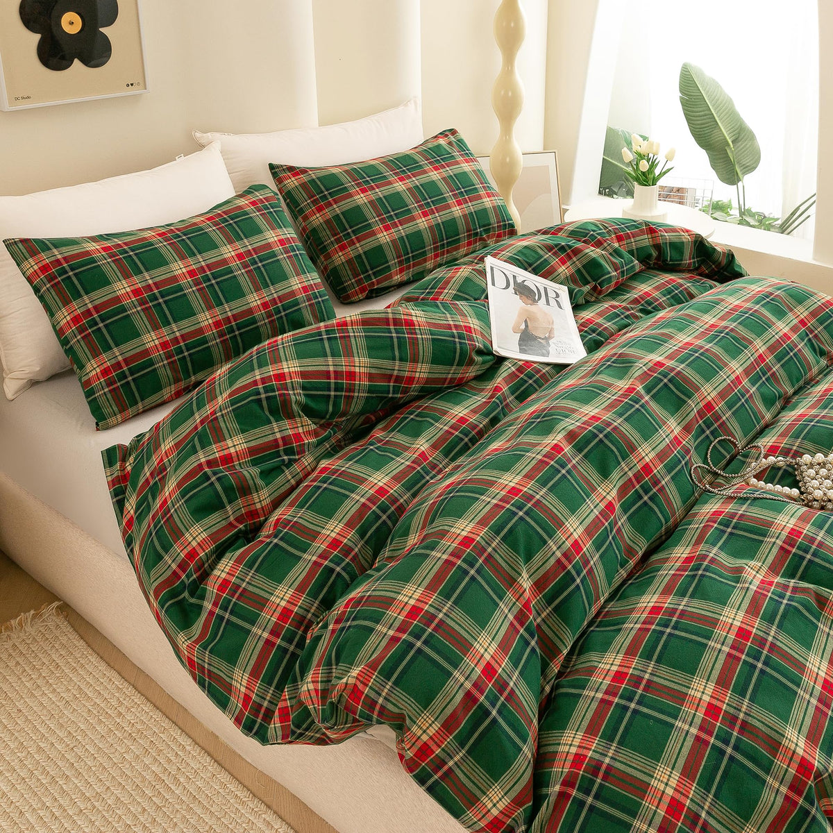 Cotton 3 Pcs Duvet Cover Set Linen Feel Buffalo Plaid King