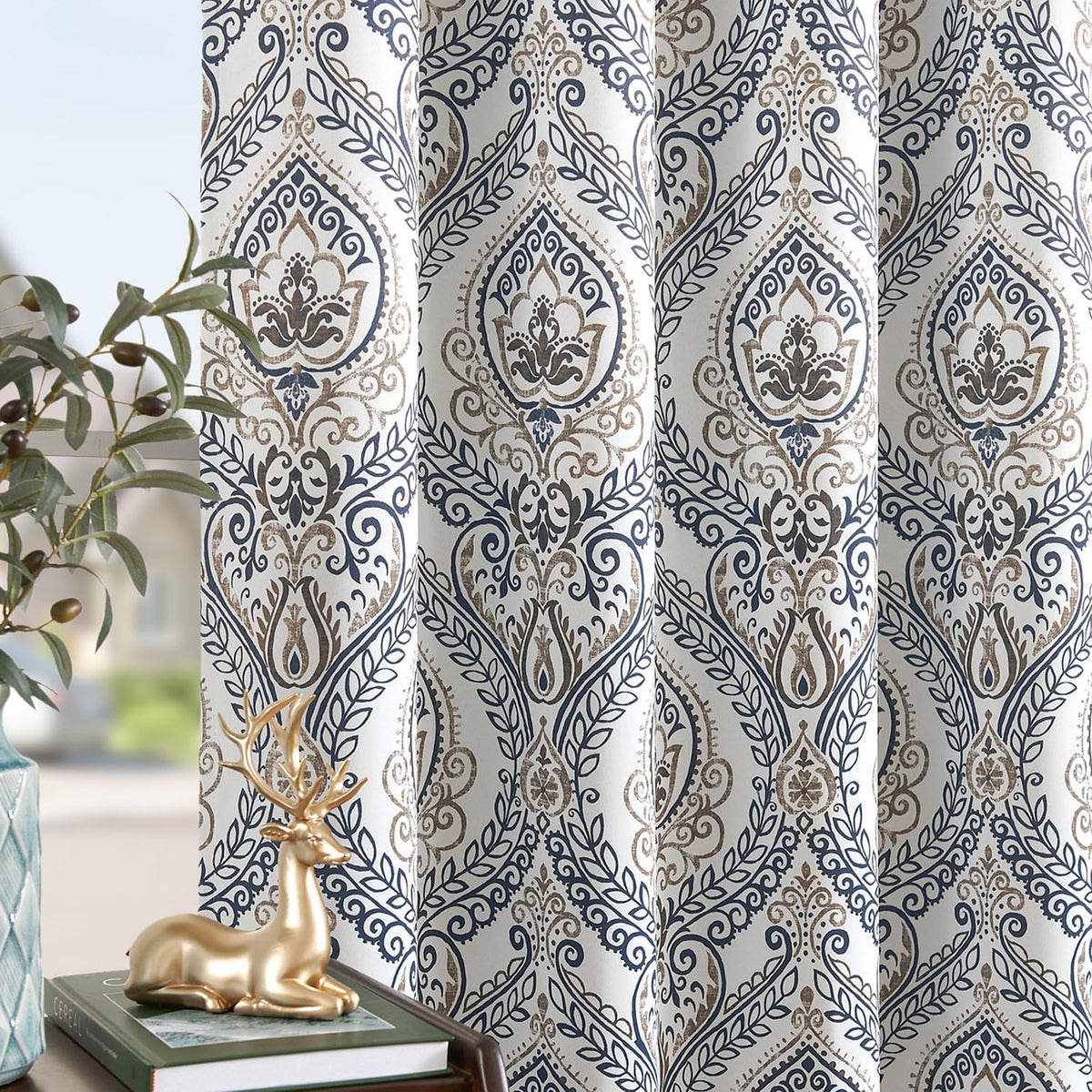 Blackout Curtains (Set of 2 Panels) Blue Damask Medallion Curtain for Bedroom Black Out Drapes Printed Vintage Luxury