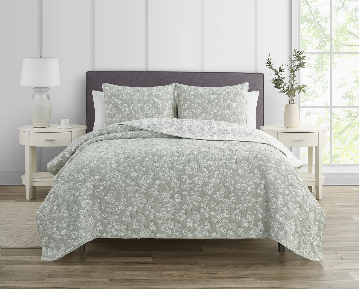 Annabella Floral Desert Sage Soft Matelasse Jacquard Quilt Set