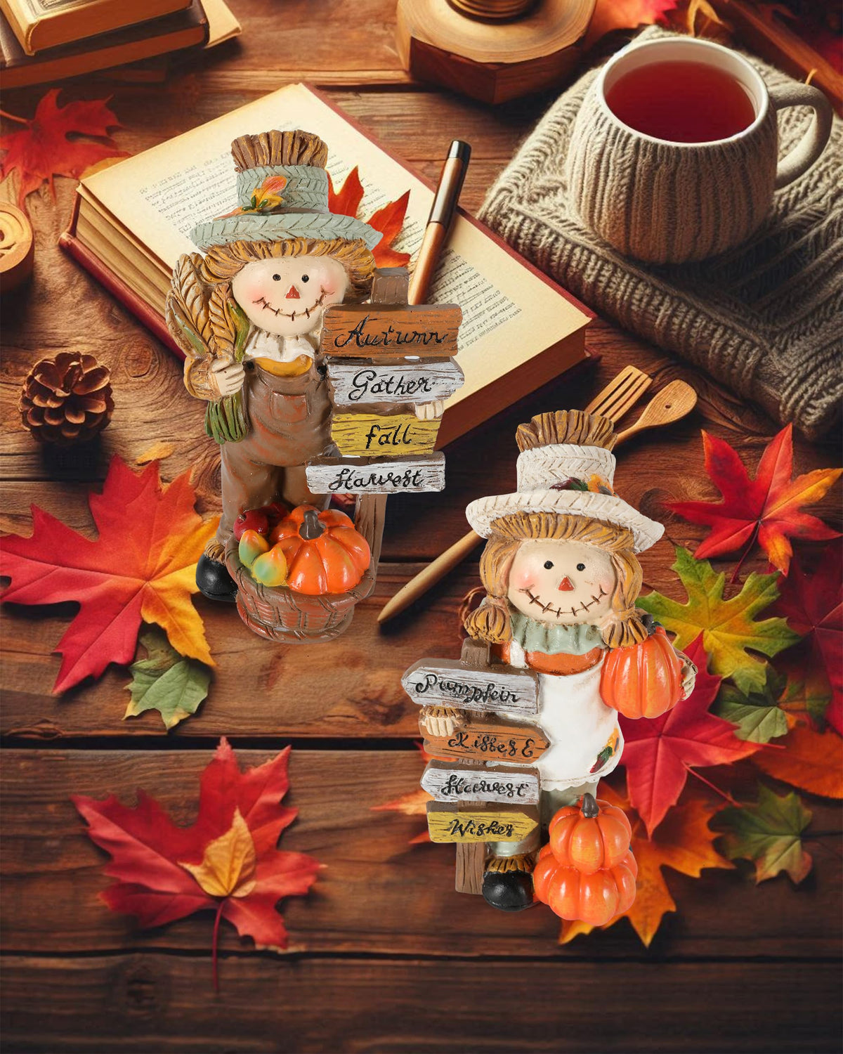 2-Pack Thanksgiving Scarecrow Figurines with Inspirational Autumn Plaques - Durable Resin 5.5'' Thanksgiving Table