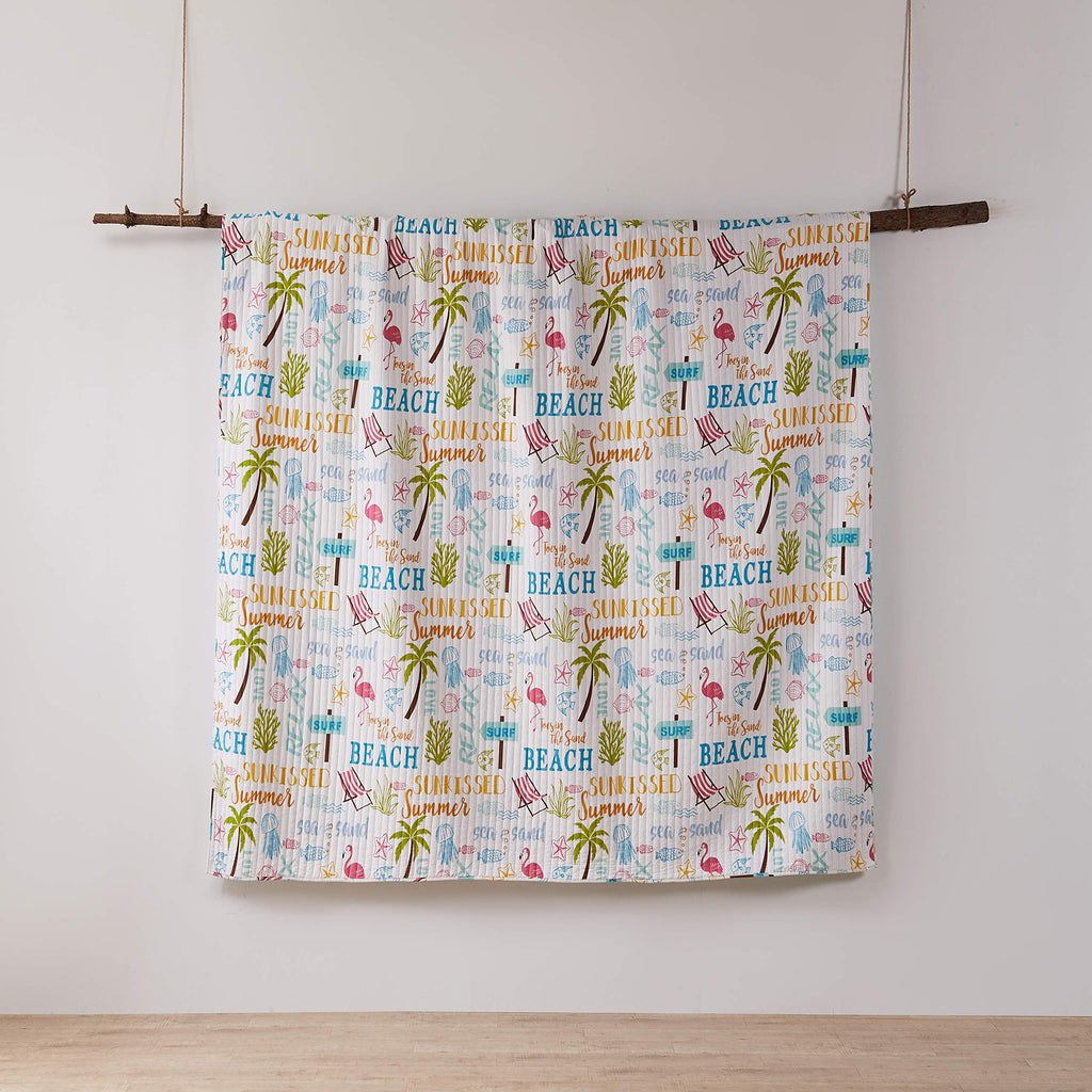 By - Beach Days Quilt Set - Queen Quilt (88x92in.) + Two Standard Pillow Shams (26x20in.) - Coastal Beach - Teal Blue