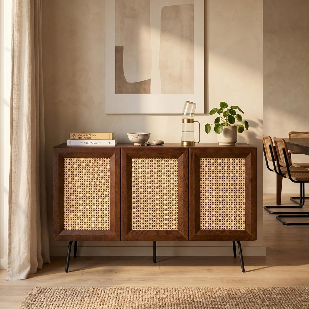Modern Sideboard with 3 Doors, Natural Rattan Storage Cabinet, Buffet with Metal Legs, Boho Accent Cabinet , and