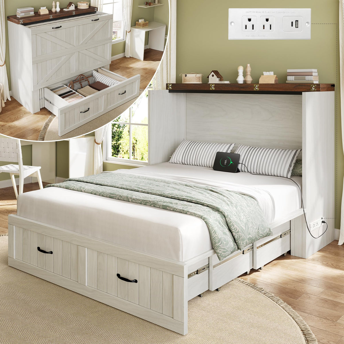 Full Size Murphy Bed with Charging Station & Large Storage Drawer