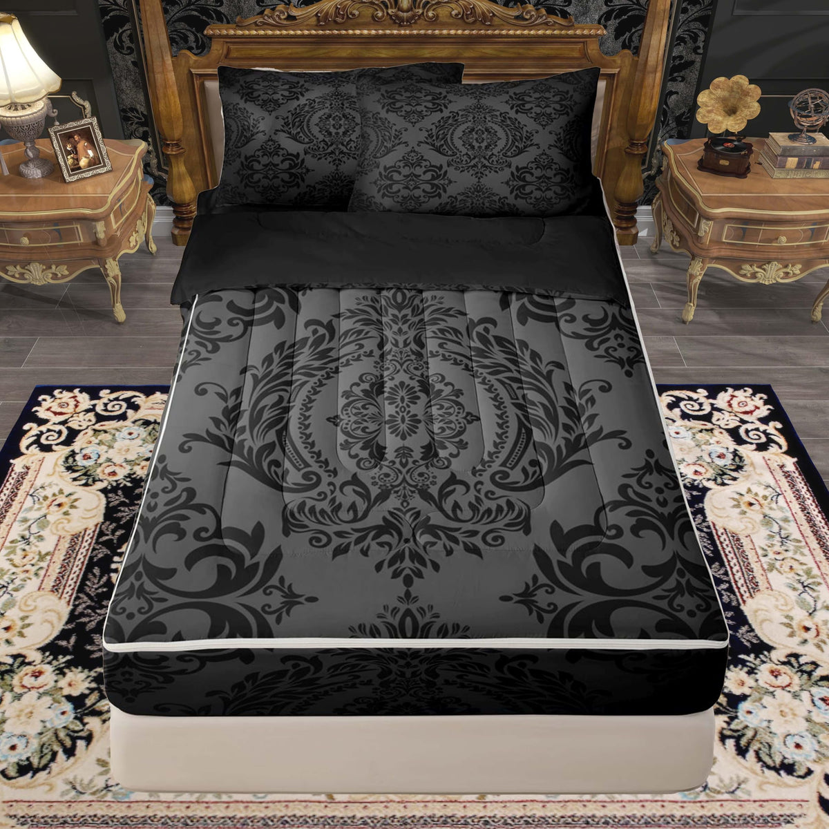 Black Gothic Damask Floral Comforter Set Full Zipper Bedding Set