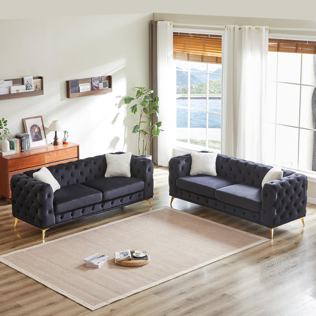 2-Piece Luxury Chesterfield Sofa Set with 2 3-Seater Sofa, Mid-Century 6-Seater Tufted Buttons Couch Set with 4