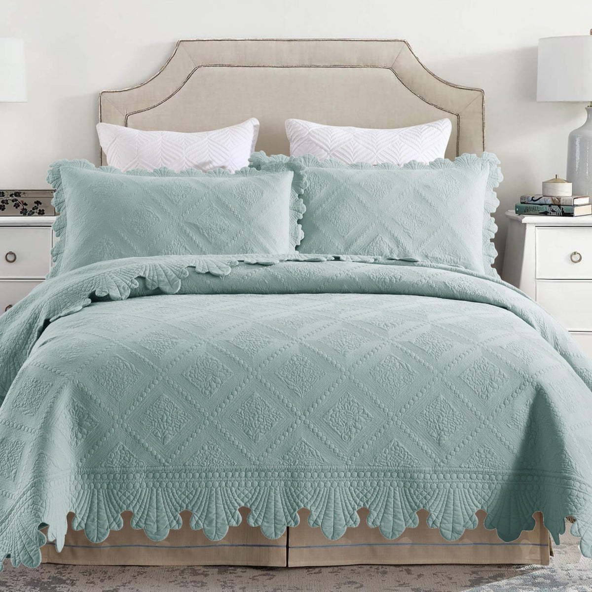 3-Piece 100% Cotton Oversized Bedspread Lightweight Quilt Coverlet Embroidery Farmhouse Bedding Set (Tk Aqua Green