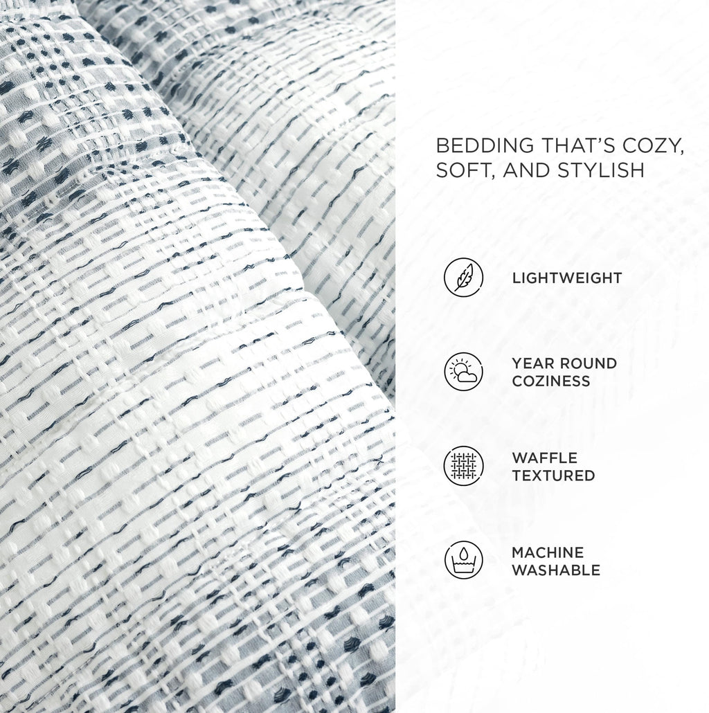 Yarn Dyed Textured Stripe Waffle Quilt Set, 3 Piece Set, Navy & White - Soft Waffle Bedding Set - Blue Quilt