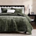 Velvet California Oversized Quilt Set - Olive Green Striped Pick Stitch Soft Lightweight Bedspread