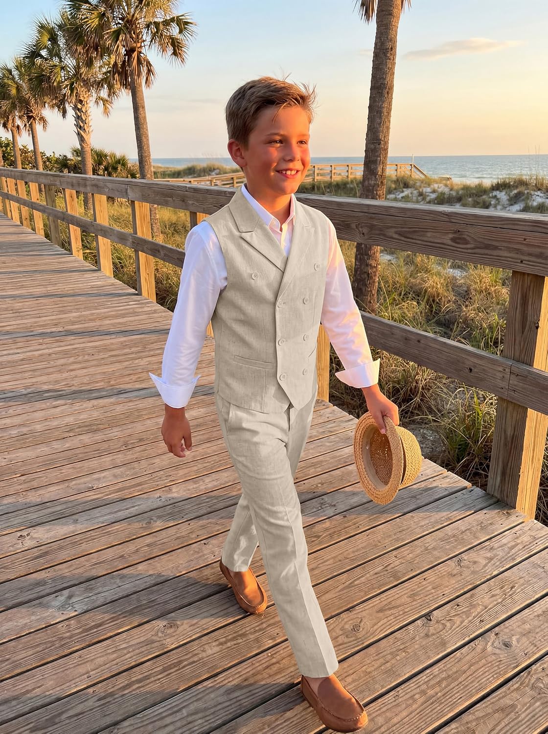Boys Linen Suit Slim Fit Kids 5 Piece Casual Summer Suits Set