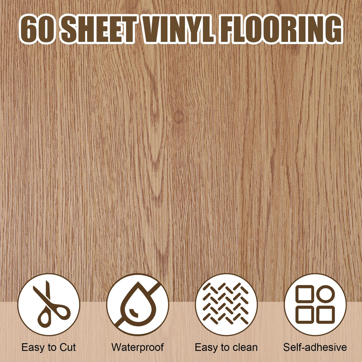 60 Pack Peel and Stick Vinyl Floor Tiles, 12x12 Inch, Brown