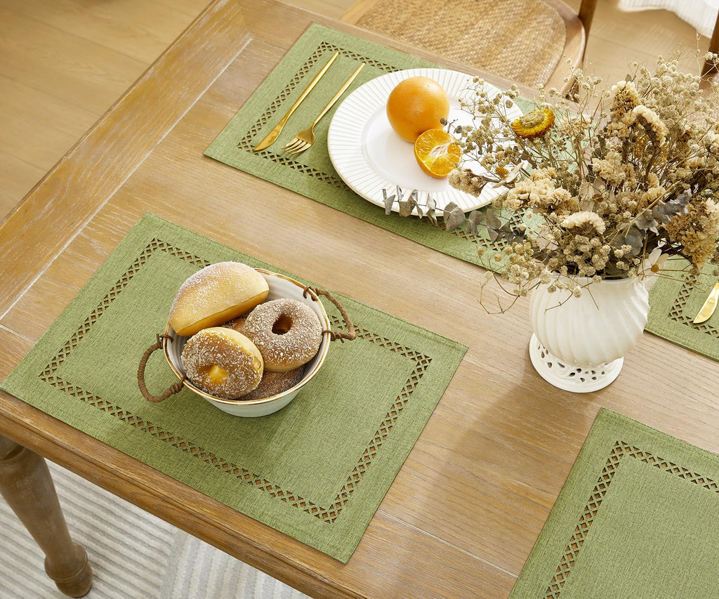 Farmhouse Burlap Hollow Placemats Set of 4, 12 x18 Inch Sage Green