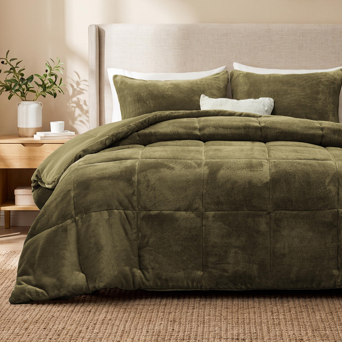 Flannel Comforter Set, Plush Jacquard, Olive Green