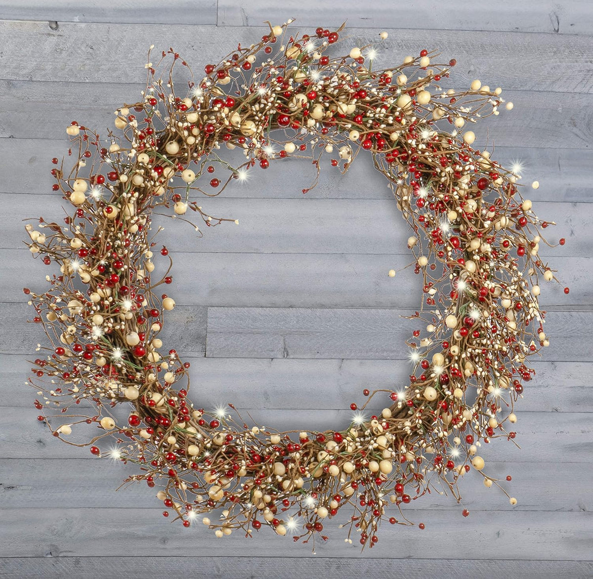 30" Light-Up Christmas Wreath with Red and Cream Pip Berries, Battery-Operated LED Lights with Timer