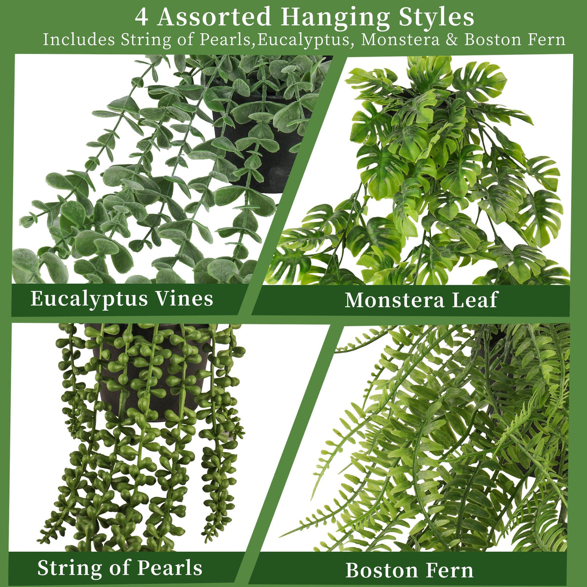 4 Pack Artificial Hanging Plants Indoor - Faux Hanging Wall Plants, String of Pearls, Eucalyptus & Monstera, Fake