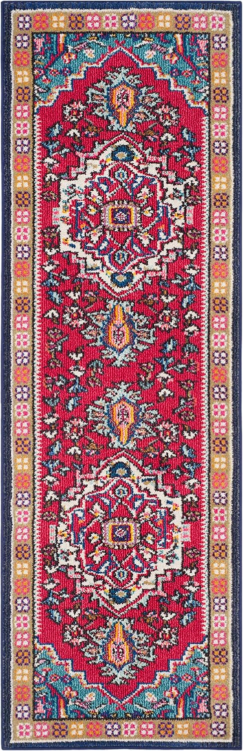 Monaco Collection Runner Rug, Red & Turquoise, Boho Oriental Medallion Design, Non-Shedding & Easy Care