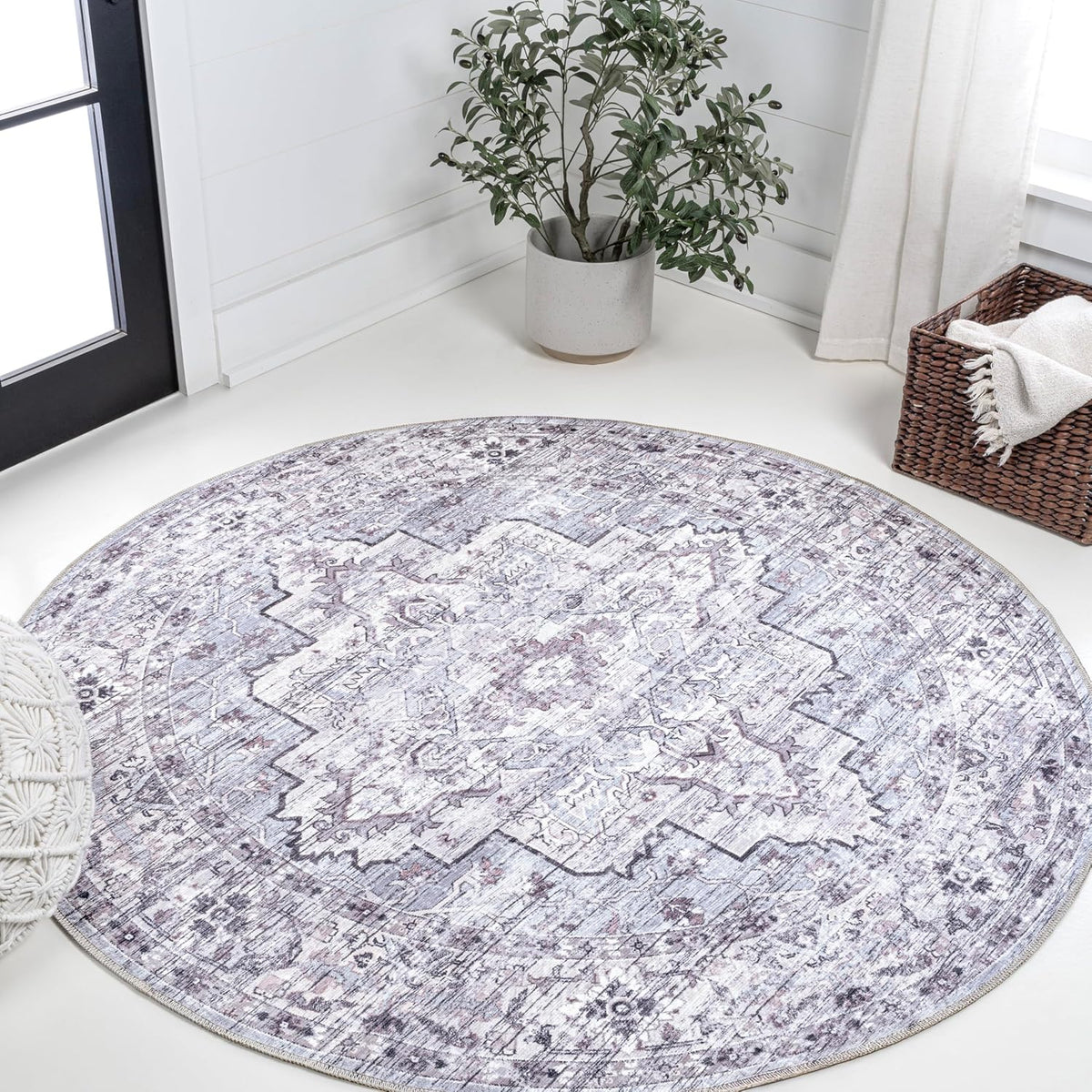 Machine Washable Gray/Purple Round Area Rug 8 ft, Didim Boho Medallion, Easy-Cleaning, High Traffic, Pet-Friendly