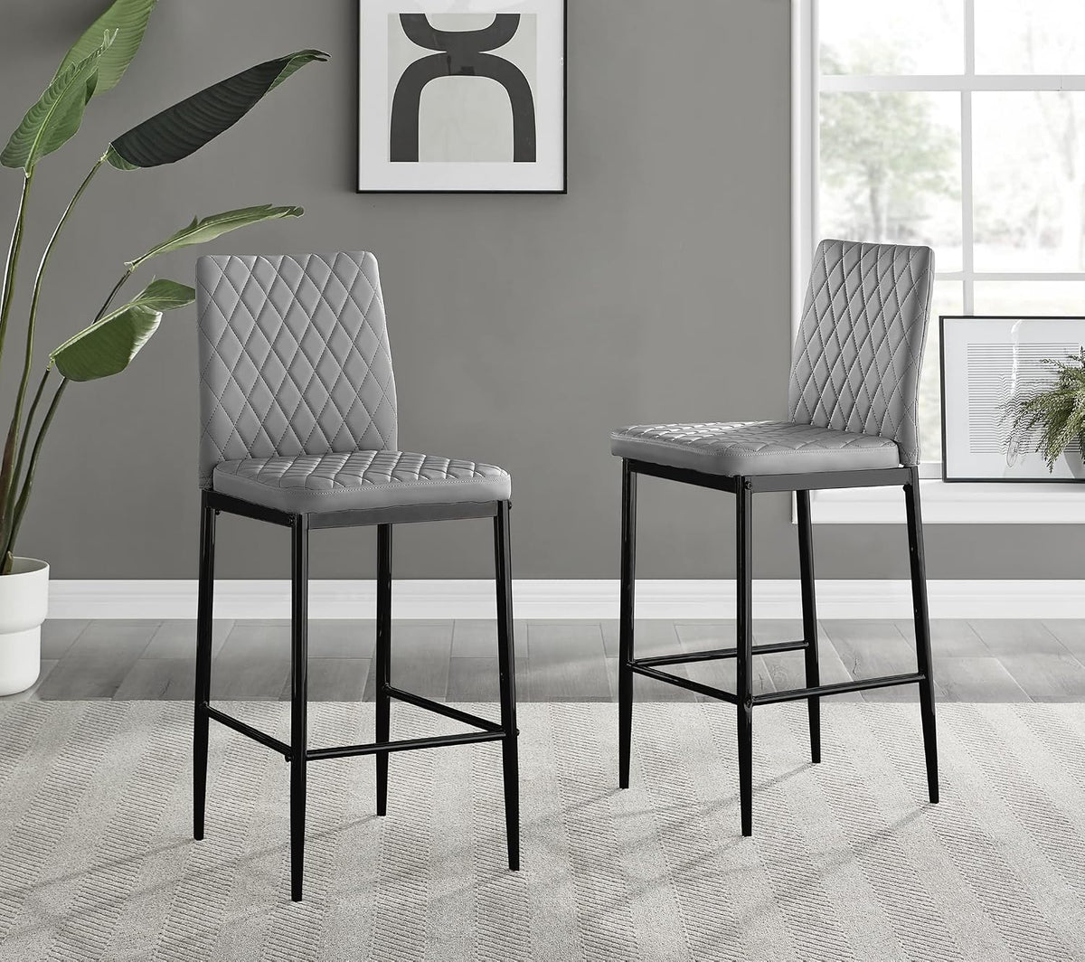 Milan Bar Stools - Contemporary Gray Soft Faux Leather Stools with Black Legs - Set of 2