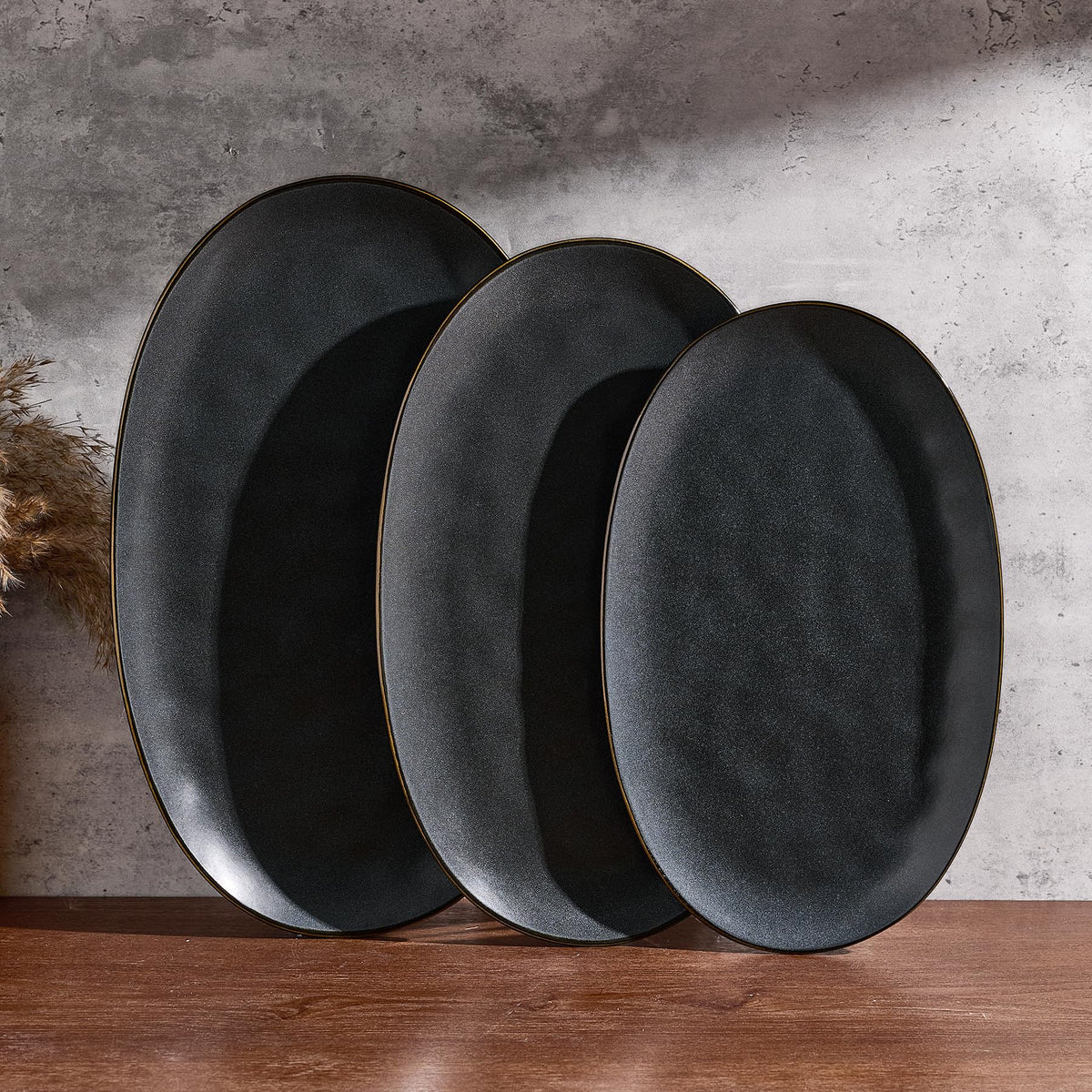 Serving Platters Set of 3 Sizes - Oval, Matte Dark Charcoal