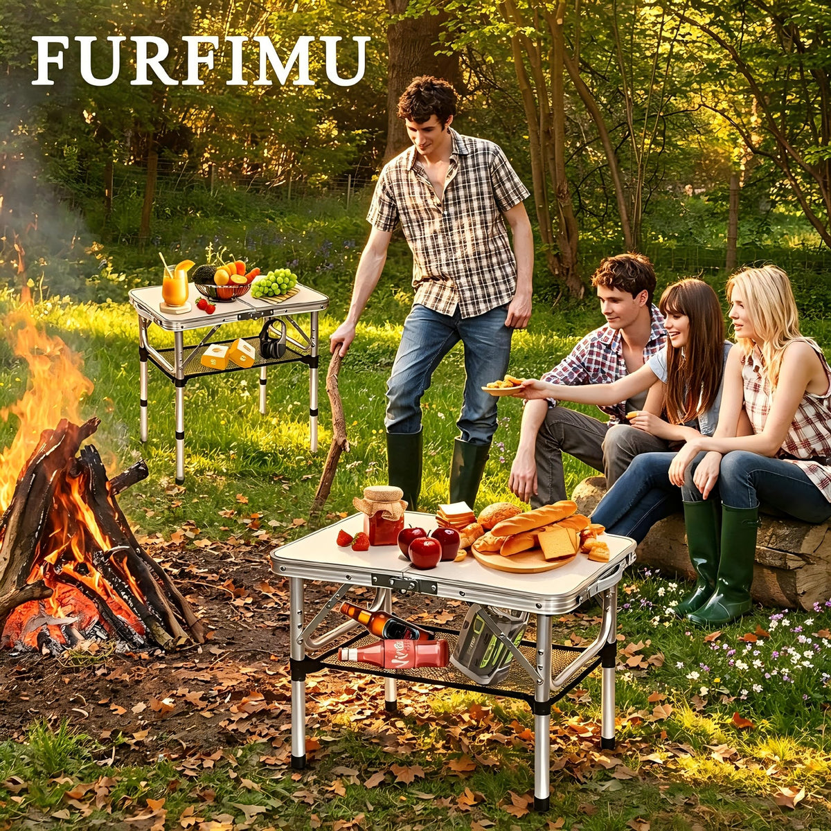 Small Folding Table with Storage Net, 24" x 16" Portable Foldable Camping Table with 3 Adjustable Height, White Metal