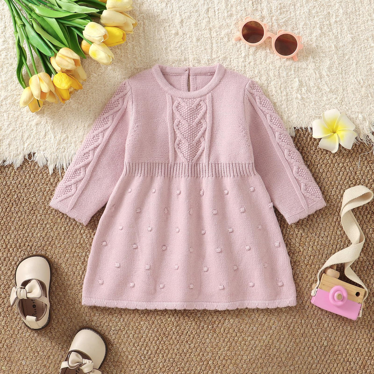 Toddler Baby Girl Sweater Dress Pompoms Long Sleeve Pink