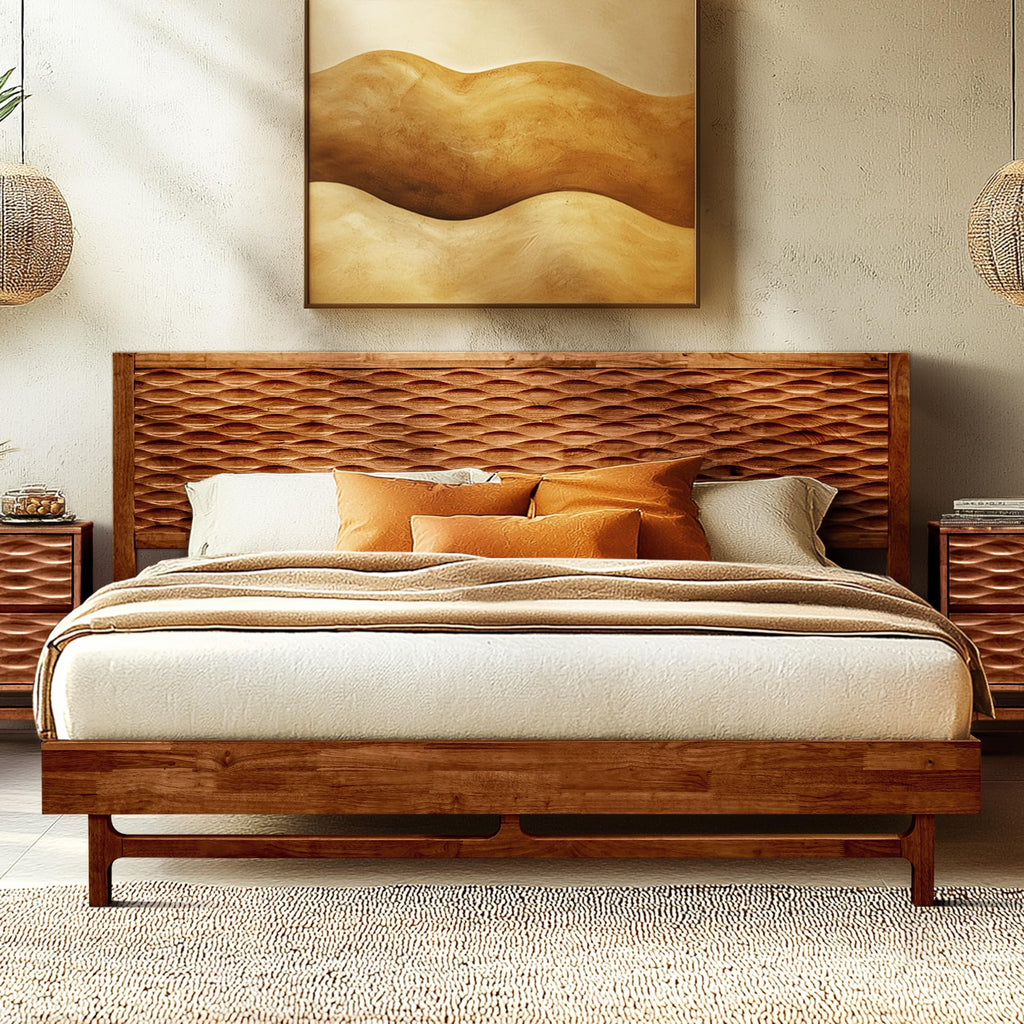 Acacia Elara Wood Bed Frame with CNC-Carved Headboard, Queen Size, Walnut