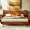Acacia Elara Wood Bed Frame with CNC-Carved Headboard, Queen Size, Walnut
