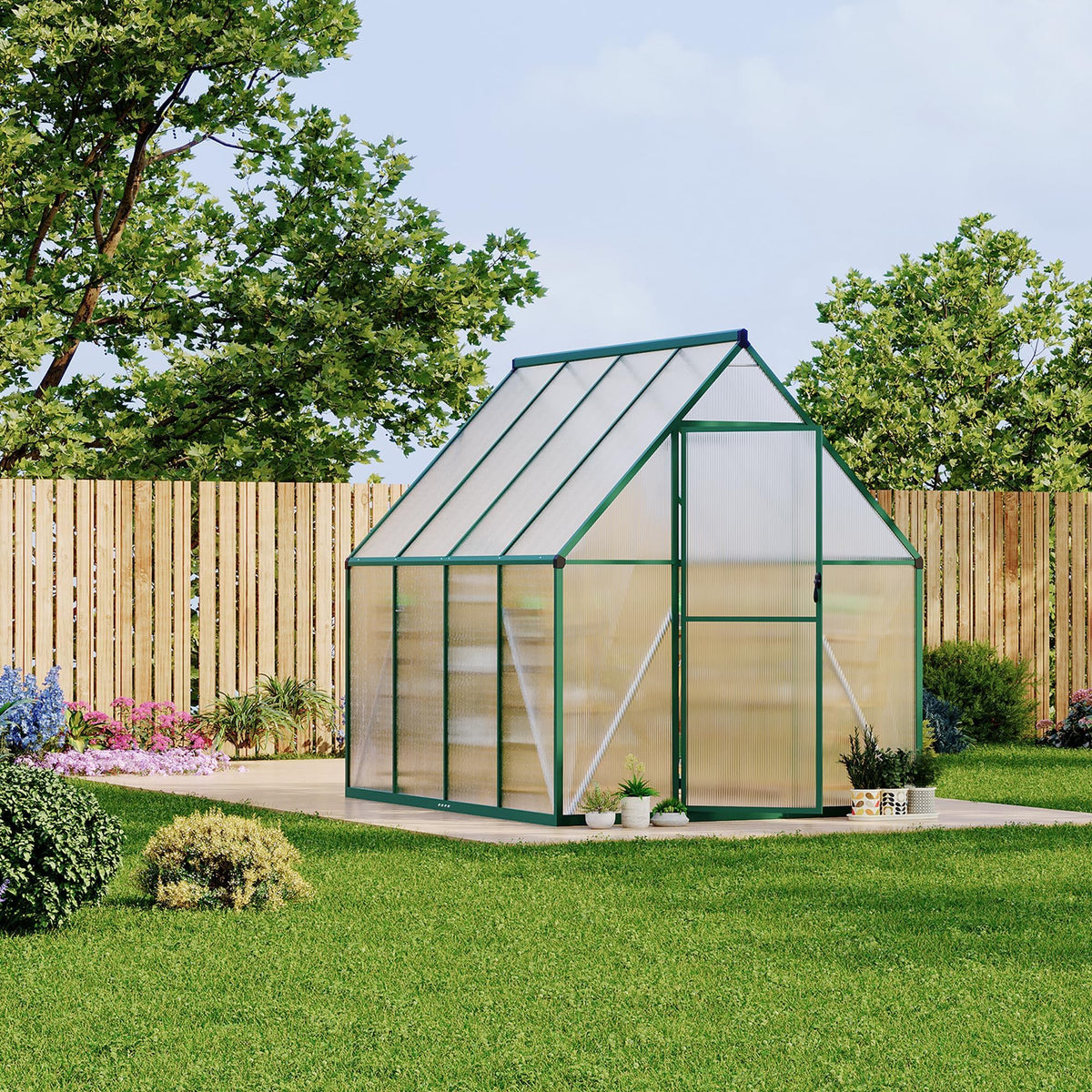 6x7 FT Outdoor Greenhouse, Polycarbonate Greenhouse with Roof Vent and Ground Nails, Aluminum Large Walk-in Green