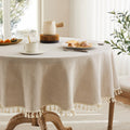 Tassel Linen Round Table Cloth, Natural 60 Inch