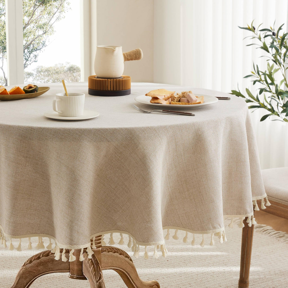 Tassel Linen Round Table Cloth, Natural 60 Inch