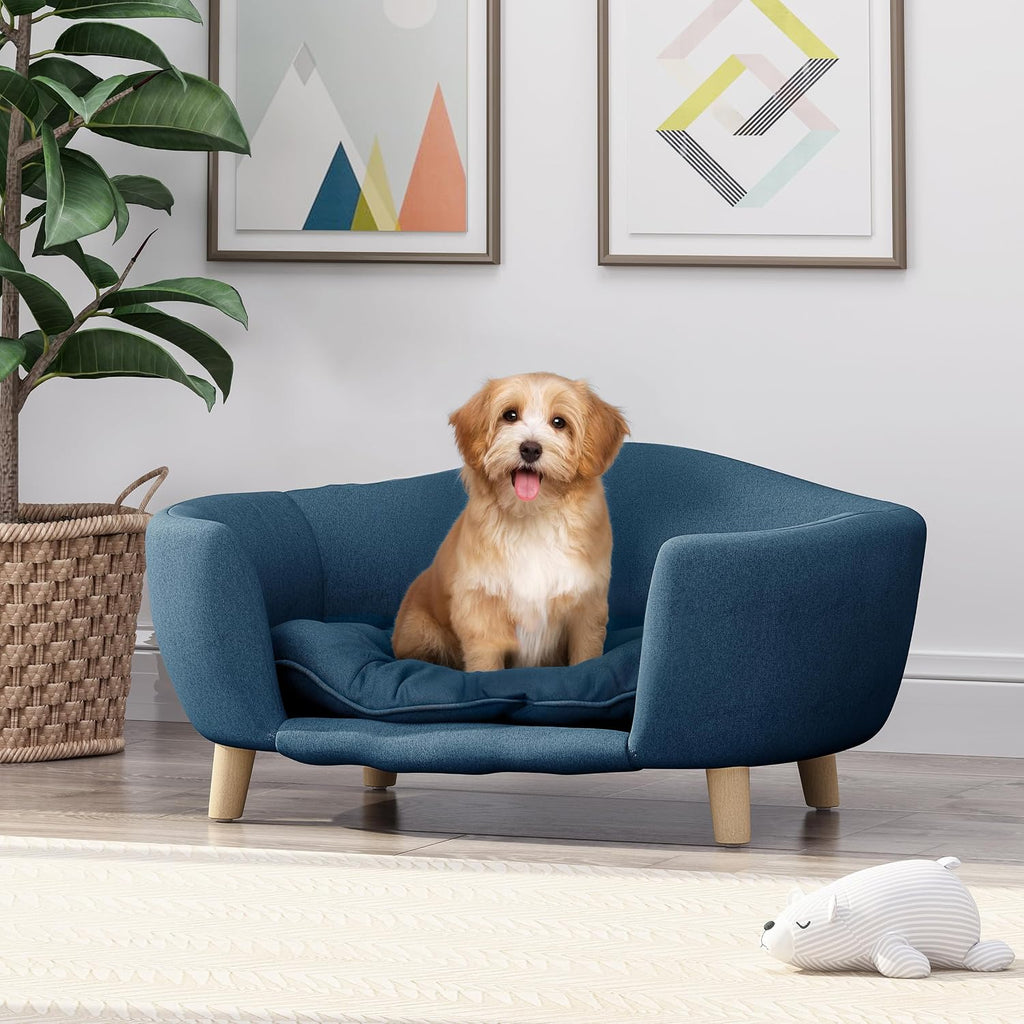 Mid-Century Modern Elevated Dog Bed with Plush Tufted Cushion, Orthopedic Raised Dog Sofa with Solid Birch Wood