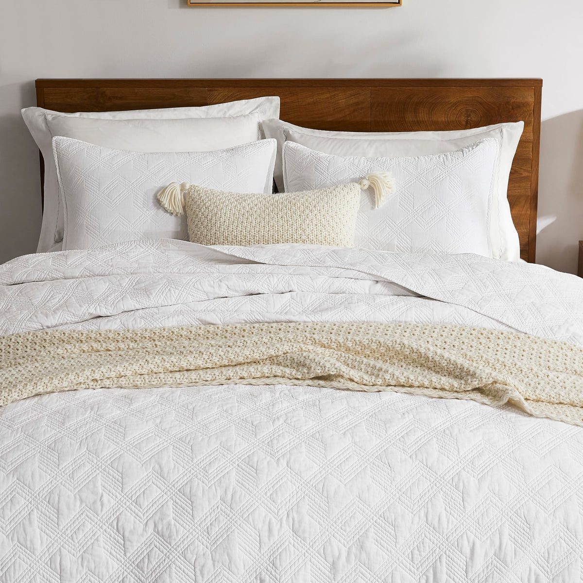 100% Cotton White Oversized Quilt Bedding Sets with 2 Pillow Shams, Shabby Chic Rustic Textured