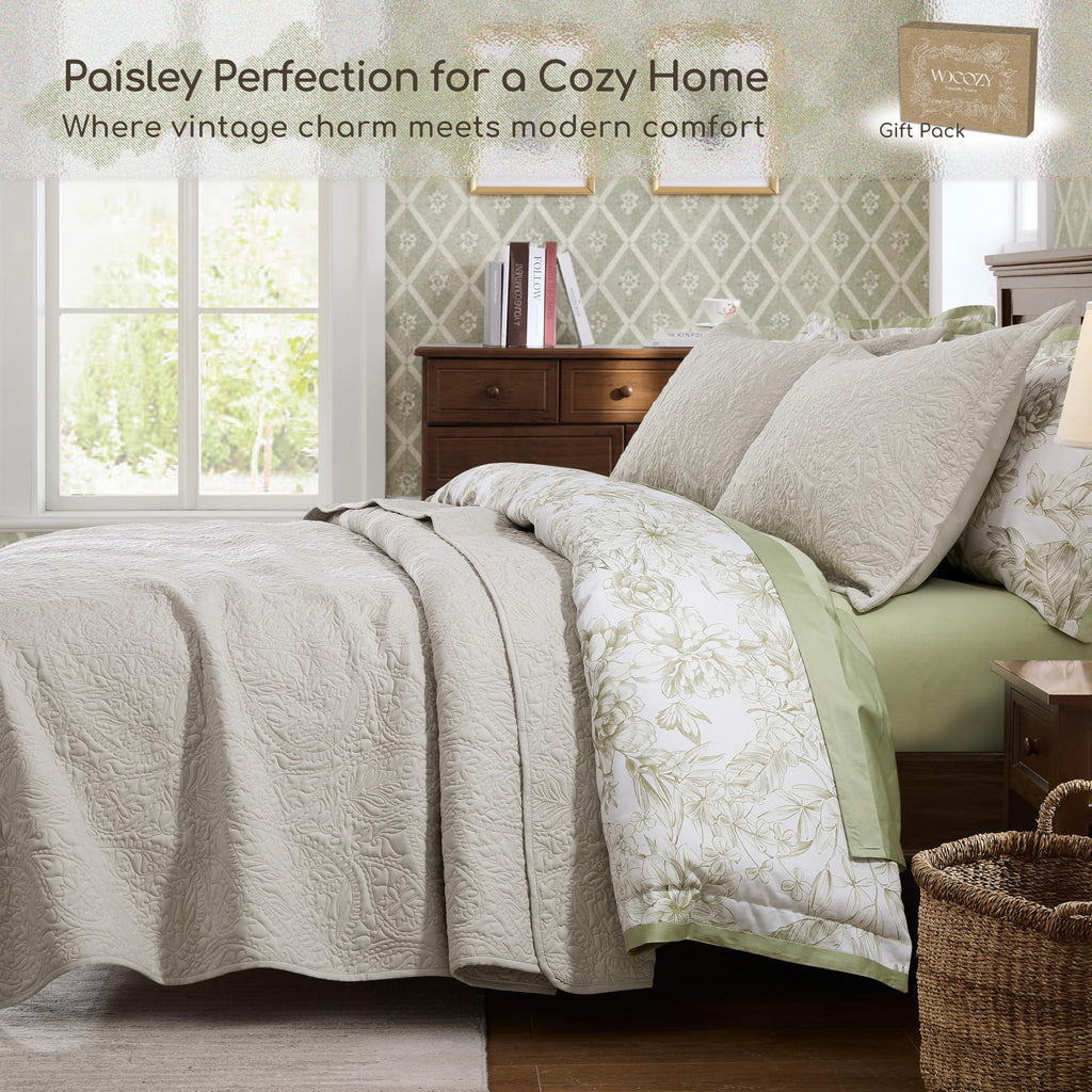Paisley Quilt Set Queen Size, Light Beige Matelasse Lightweight Bedspread, Soft Farmhouse Rustic Coverlet, Spring