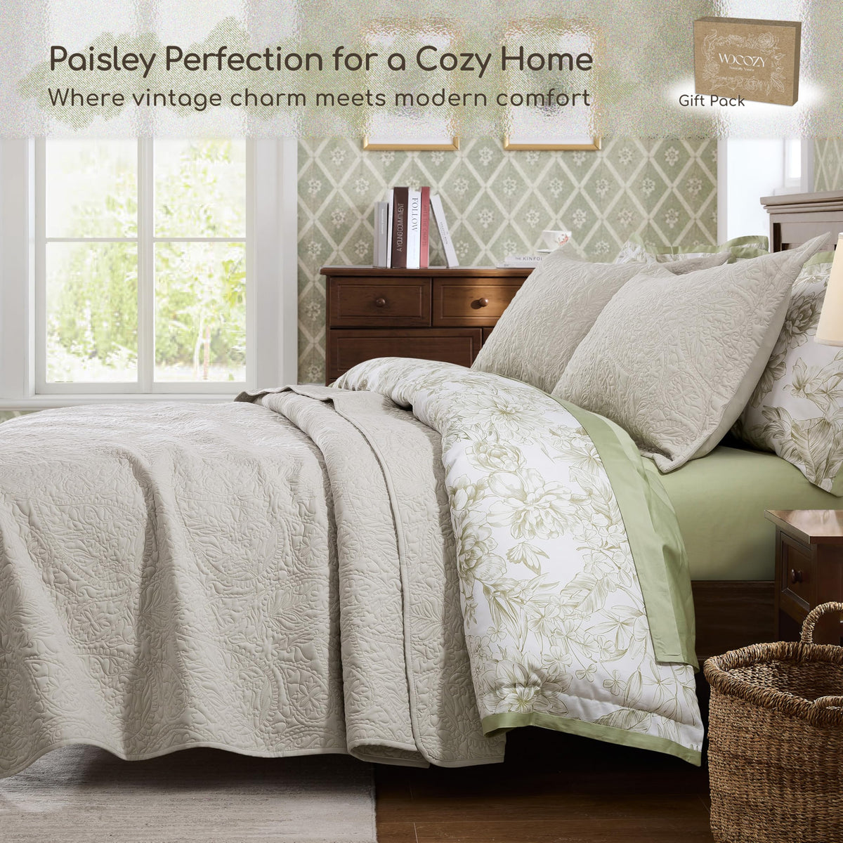 Paisley Quilt Set Queen Size, Light Beige Matelasse Lightweight Bedspread, Soft Farmhouse Rustic Coverlet, Spring