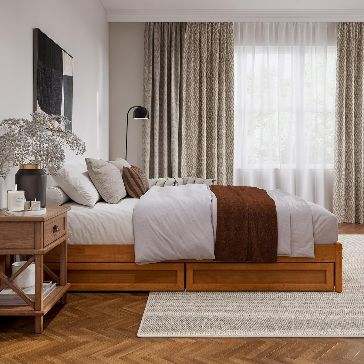 Queen Wood Panel Platform Bed with Storage Drawers, Light Toffee