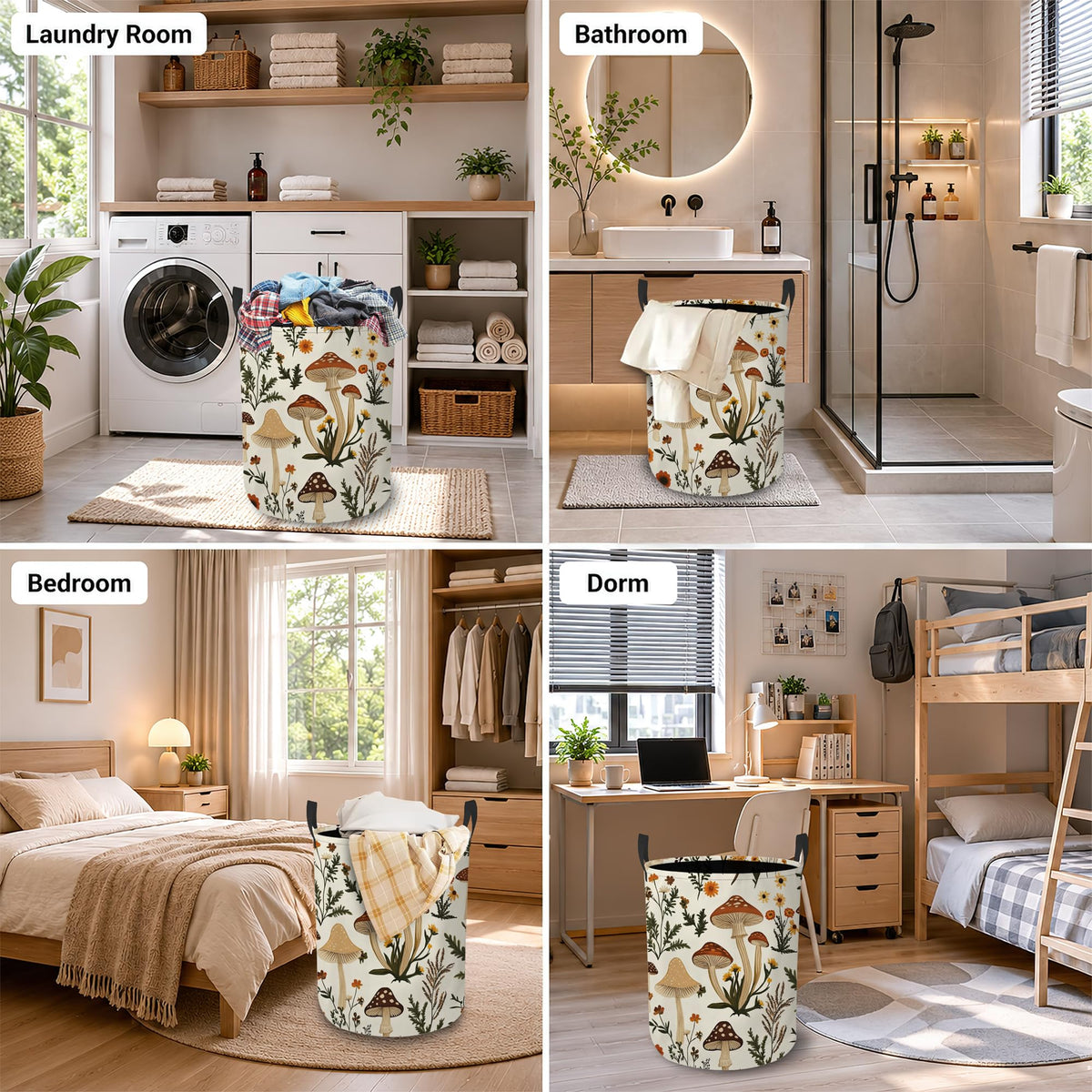 Mushroom Flower Laundry Basket, Foldable Oxford Cloth Botanical Garden Laundry Hamper with Handles, Tote Bag Clothes
