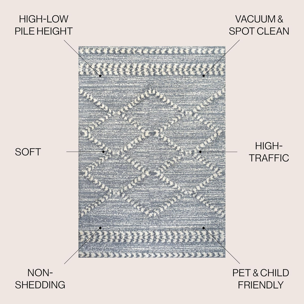 Trellis High-Low Gray/Cream Indoor Area Rug, Sofie Moroccan, Easy-Cleaning, High Traffic, Pet-Friendly
